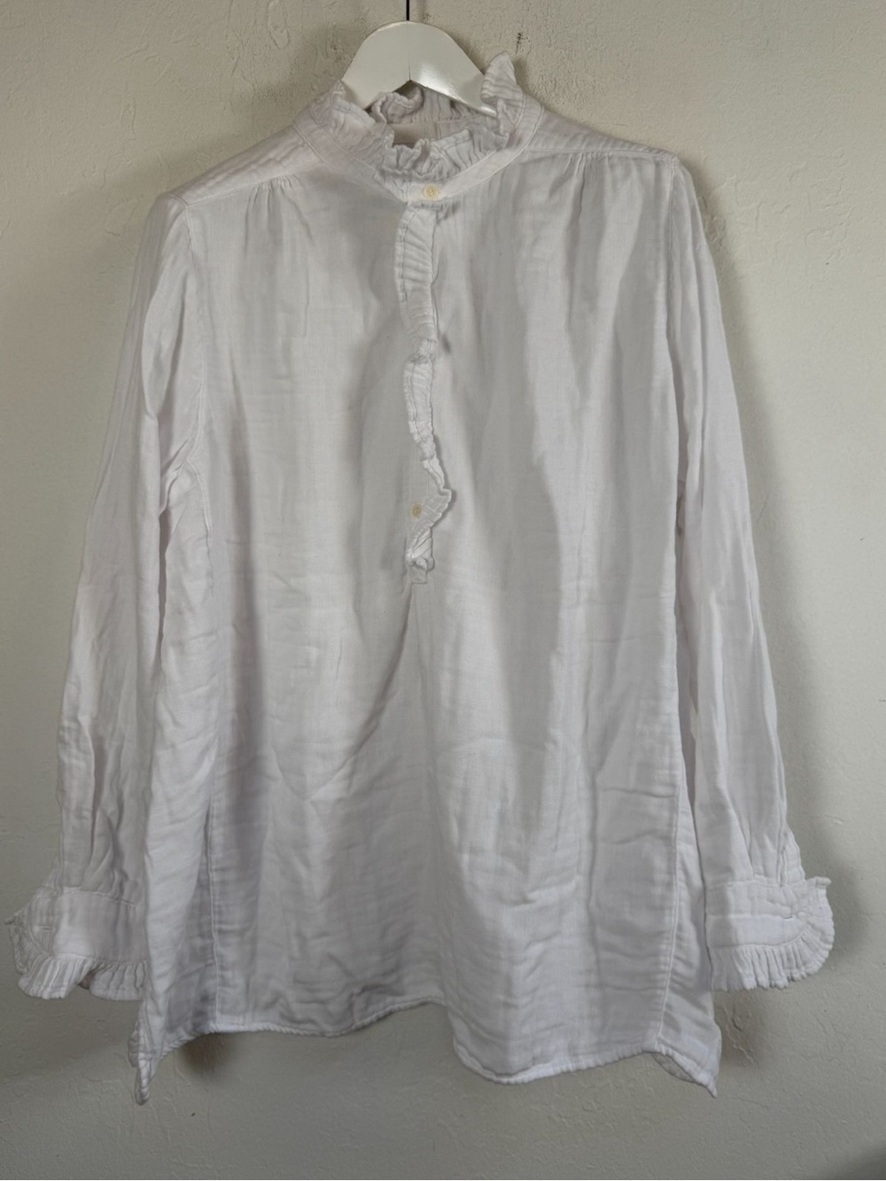 CP Shades White Cotton Blouse Large Ruffle Collar Cuff Victorian Prairie Cottage